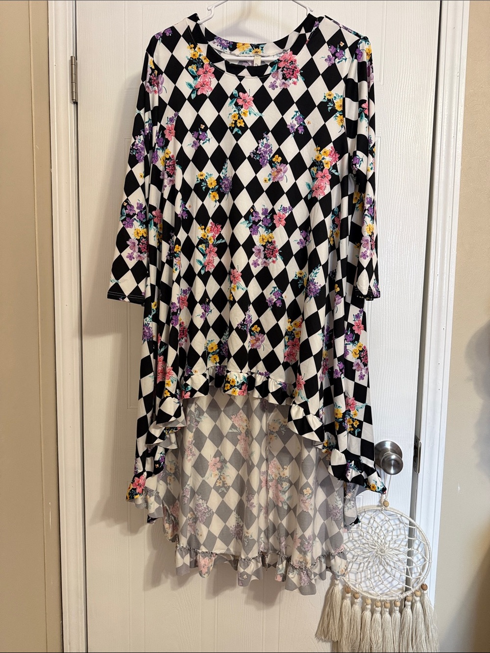 Celeste Black and White Harlequin Floral Hi-Low Tunic